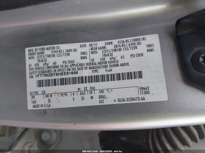2017 Ford F250 VIN 1FT7W2BT8HEE81808 IAAI salvage auction — RIGHT FRONT, Salvage Title, sold $8,600 on 2026-08-28 (photo 9)