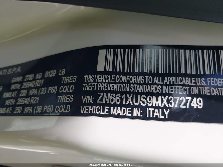 2021 Maserati Levante VIN ZN661XUS9MX372749 IAAI salvage auction — FRONT END, Salvage (Texas), sold $14,850 on 2026-07-20 (photo 9)
