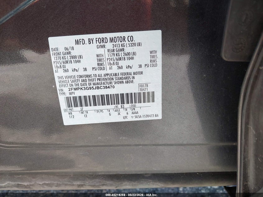 2018 Ford Edge VIN 2FMPK3G95JBC38470 IAAI salvage auction — NORMAL WEAR, Sf97 (Florida), sold $8,550 on 2026-07-16 (photo 9)