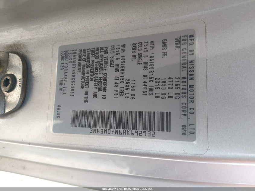 2017 Chevrolet VIN 3N63M0YN6HK692932 IAAI salvage auction — FRONT END, Salvage Title, sold $200 on 2026-07-22 (photo 9)