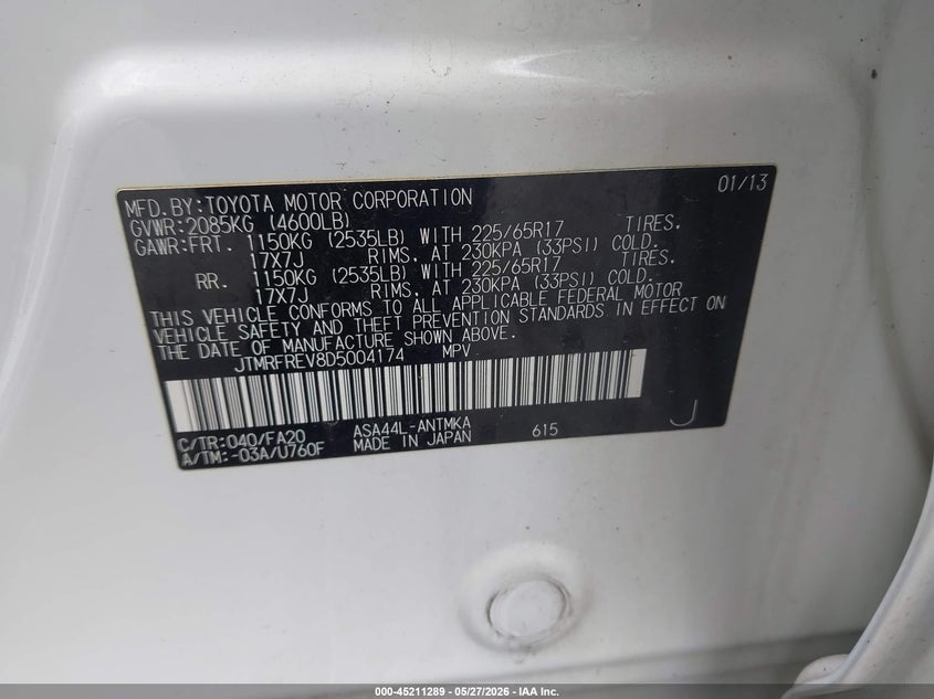 2013 Toyota Rav 4 VIN JTMRFREV8D5004174 IAAI salvage auction — REAR END, Salvage Title, sold $3,500 on 2026-07-21 (photo 9)