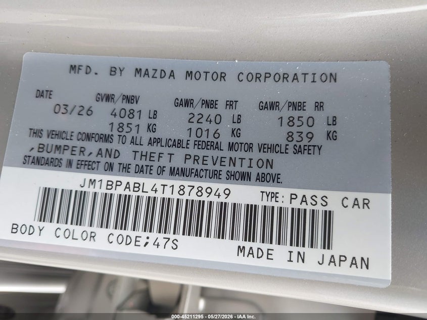 2026 Mazda 3 VIN JM1BPABL4T1878949 IAAI salvage auction — FRONT END, Salvage Title, sold $8,350 on 2026-07-07 (photo 9)