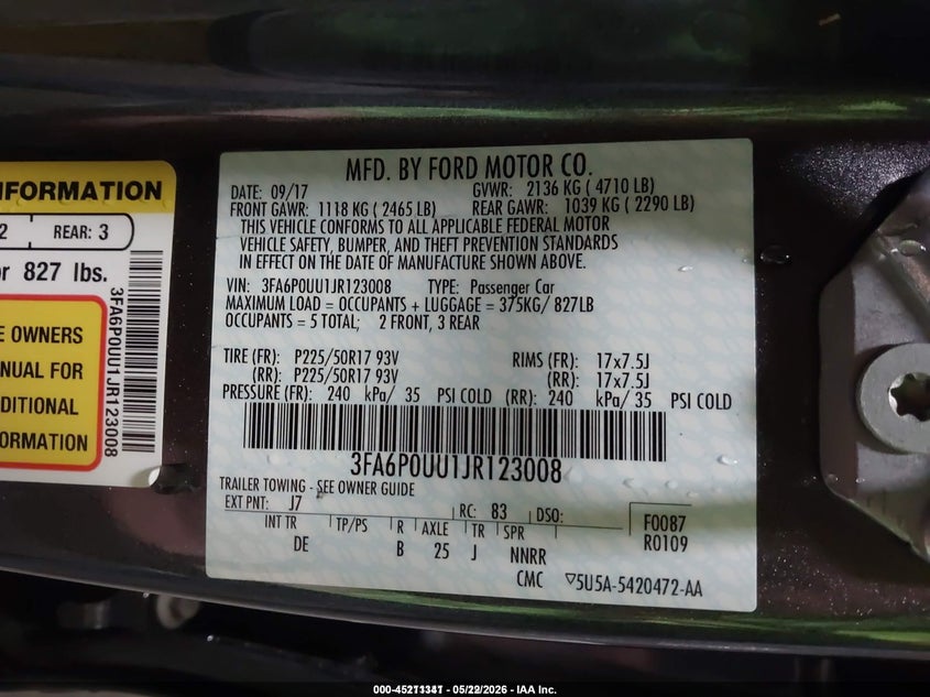 2018 Ford Fusion VIN 3FA6P0UU1JR123008 IAAI salvage auction — LEFT SIDE, Sf97 (Kansas), sold $13,450 on 2026-07-09 (photo 9)