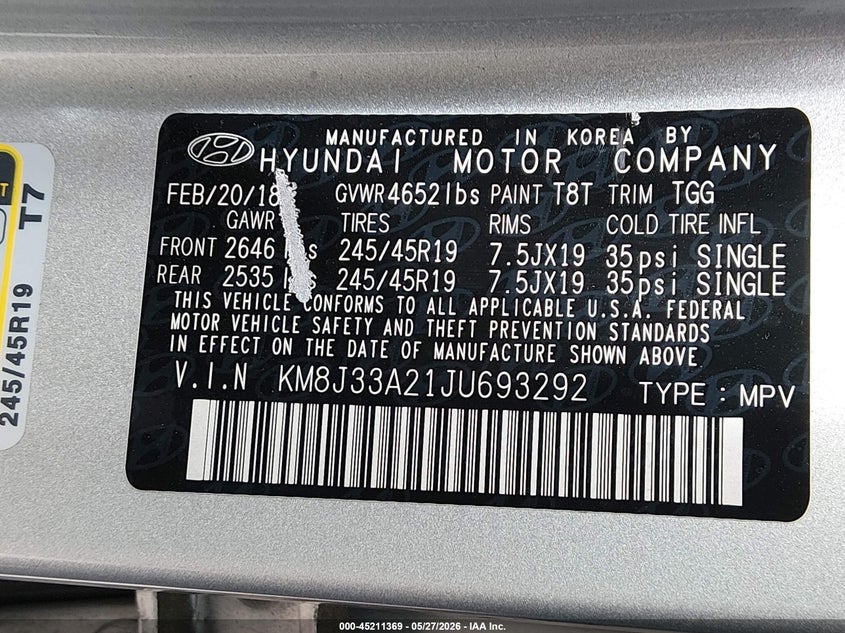 2018 Hyundai Tucson VIN KM8J33A21JU693292 IAAI salvage auction — FRONT END, Salvage Title, sold $25 on 2026-07-29 (photo 9)