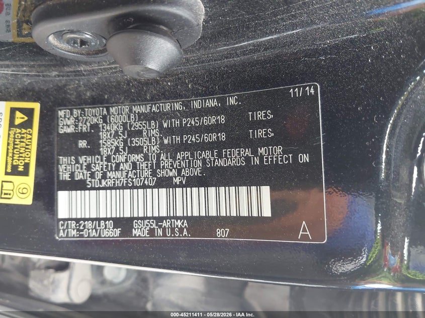 2015 Toyota Highlander VIN 5TDJKRFH7FS107407 IAAI salvage auction — HAIL, Salvage Title, sold $3,700 on 2026-07-28 (photo 9)