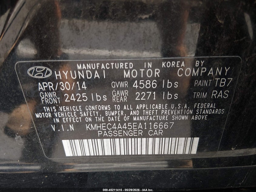 2014 Hyundai Sonata VIN KMHEC4A45EA116667 IAAI salvage auction — LEFT FRONT, Salvage Title, sold $650 on 2026-07-08 (photo 9)