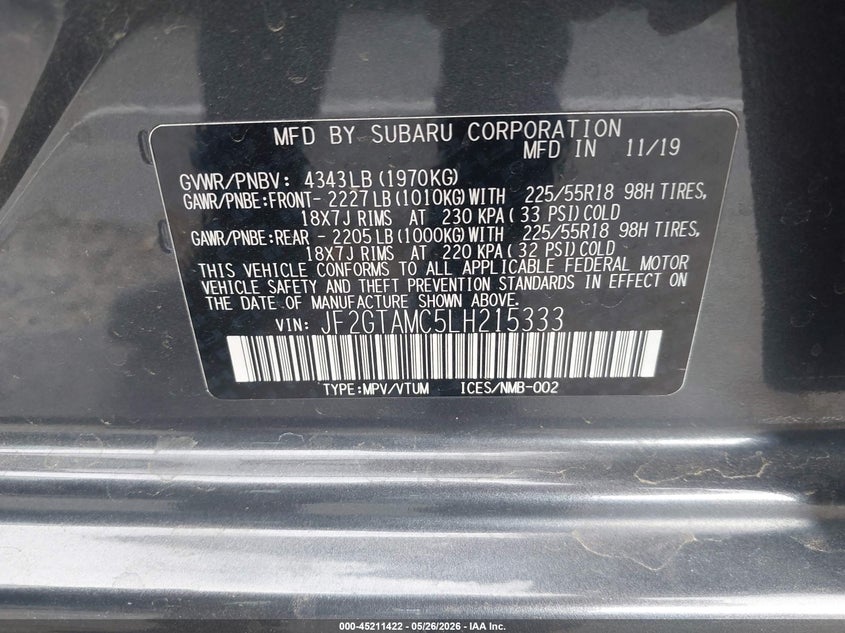 2020 Subaru Xv VIN JF2GTAMC5LH215333 IAAI salvage auction — LEFT REAR, Wait Title, sold $4,600 on 2026-07-30 (photo 9)