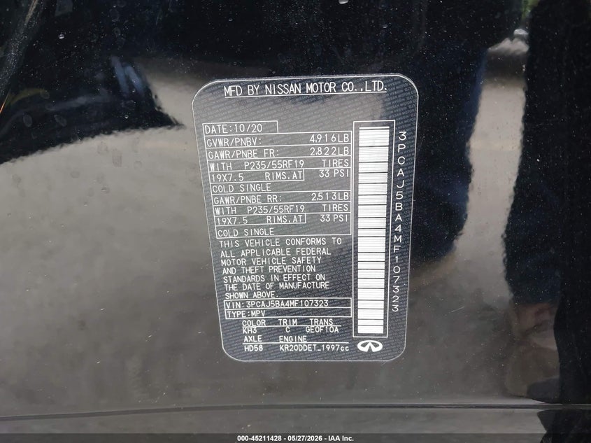 2021 Infiniti Qx50 VIN 3PCAJ5BA4MF107323 IAAI salvage auction — FRONT & REAR, Salvage Title, sold $925 on 2026-07-22 (photo 9)