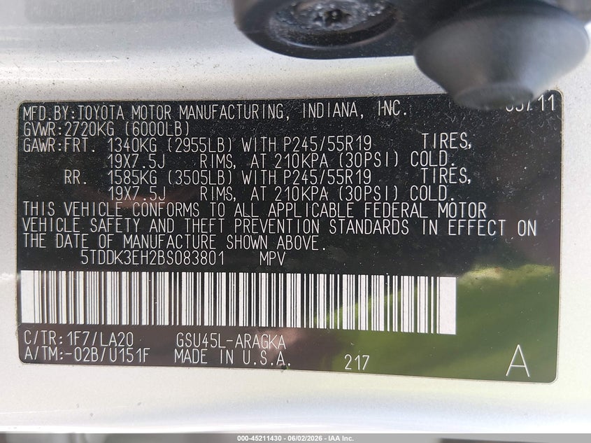 2011 Toyota Highlander VIN 5TDDK3EH2BS083801 IAAI salvage auction — HAIL, Clear (Wisconsin), sold $3,900 on 2026-07-08 (photo 9)