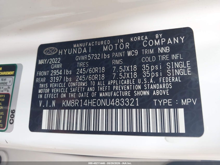 2022 Hyundai Palisade VIN KM8R14HE0NU483321 IAAI salvage auction — REAR END, Salvage (Arizona), sold $5,150 on 2026-07-07 (photo 9)