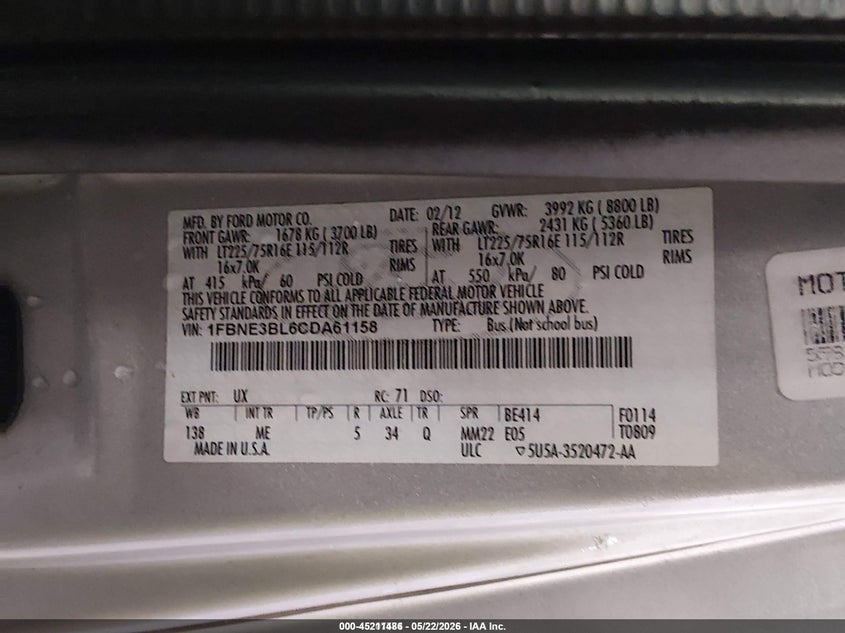 2012 Ford E-350 VIN 1FBNE3BL6CDA61158 IAAI salvage auction — NORMAL WEAR, Sf97 (North Carolina), sold $8,850 on 2026-08-13 (photo 9)