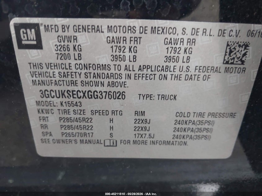 2016 Chevrolet Silverado VIN 3GCUKSECXGG376026 IAAI salvage auction — ENGINE BURN, Salvage Title, sold $875 on 2026-07-29 (photo 9)