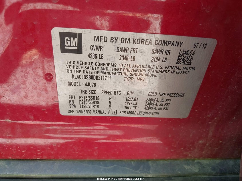 2013 Buick Encore VIN KL4CJBSB0DB211711 IAAI salvage auction — REAR END, Salvage (Iowa), sold $25 on 2026-07-27 (photo 9)