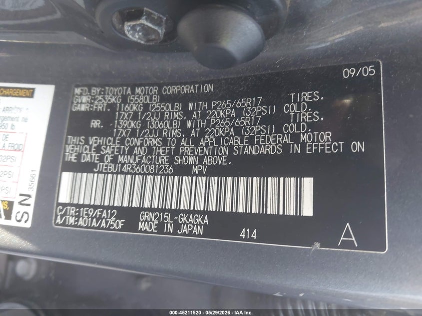 2006 Toyota 4runner VIN JTEBU14R360081236 IAAI salvage auction — FRONT END, Salvage (North Carolina), sold $4,100 on 2026-07-13 (photo 9)