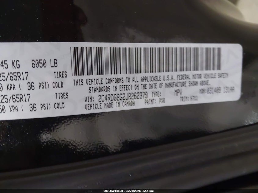 2018 Dodge Grand caravan VIN 2C4RDGBG2JR262379 IAAI salvage auction — RIGHT REAR, SF97 (Kansas), sold $7,050 on 2026-07-09 (photo 9)