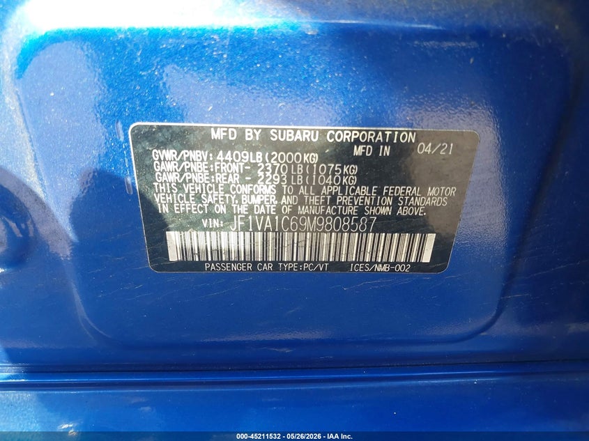 2021 Subaru Wrx VIN JF1VA1C69M9808587 IAAI salvage auction — REAR END, Salvage Title, sold $5,500 on 2026-07-10 (photo 9)