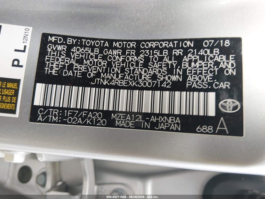 2019 Toyota Corolla VIN JTNK4RBEXK3007142 IAAI salvage auction — FRONT END, Salvage Title, sold $3,400 on 2026-07-21 (photo 9)