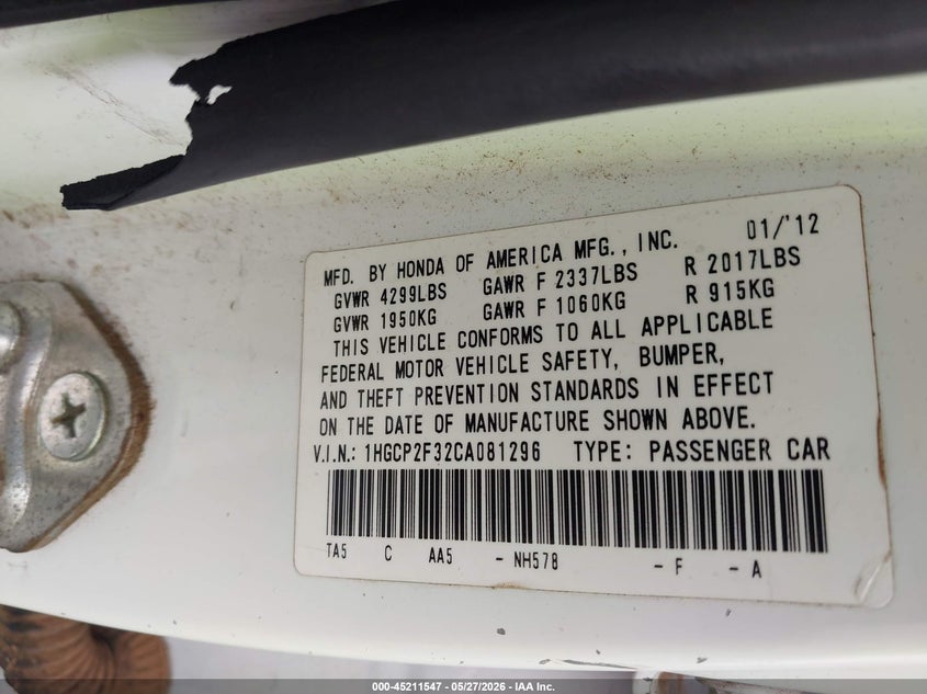 2012 Honda Accord VIN 1HGCP2F32CA081296 IAAI salvage auction — FRONT END, Salvage Title, sold $575 on 2026-07-29 (photo 9)