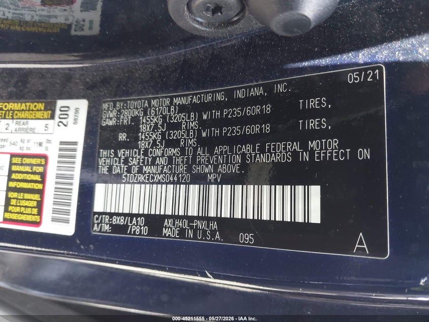 2021 Toyota Sienna VIN 5TDZRKECXMS044120 IAAI salvage auction — SIDE, Salvage Title, sold $10,100 on 2026-07-31 (photo 9)