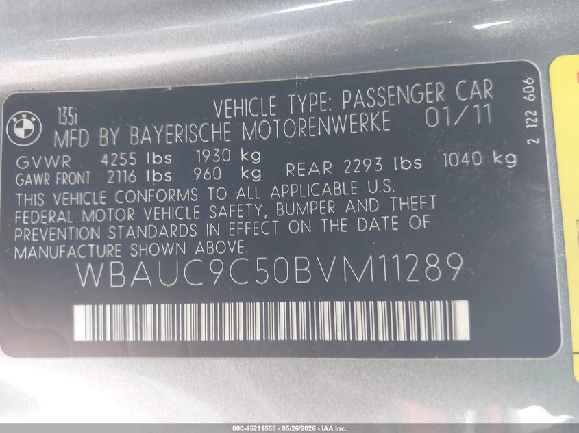 2011 BMW 1 series VIN WBAUC9C50BVM11289 IAAI salvage auction — FRONT END, Salvage (California), sold $3,000 on 2026-07-22 (photo 9)