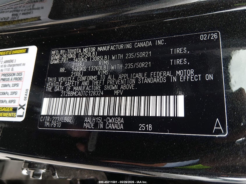 2026 Lexus Rx VIN 2T2BBMCA0TC128324 IAAI salvage auction — FRONT END, Salvage (California), sold $22,100 on 2026-07-29 (photo 9)