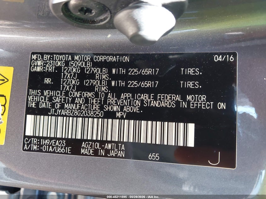 2016 Lexus Nx VIN JTJYARBZ8G2038250 IAAI salvage auction — LEFT SIDE, Original (Texas), sold $4,500 on 2026-07-27 (photo 9)