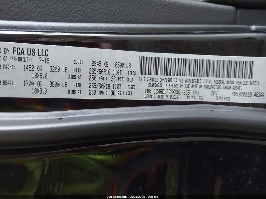 2019 Dodge Durango VIN 1C4RDJAG6KC827256 IAAI salvage auction — LEFT REAR, SF97 (Kansas), sold $16,050 on 2026-07-09 (photo 9)