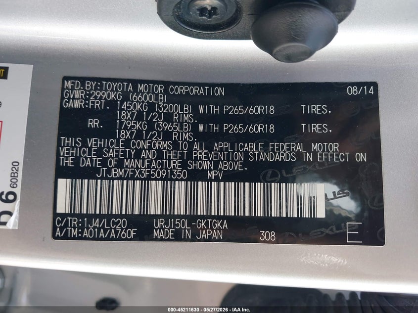 2015 Lexus Gx VIN JTJBM7FX3F5091350 IAAI salvage auction — LEFT FRONT, Salvage Title, sold $11,300 on 2026-07-31 (photo 9)