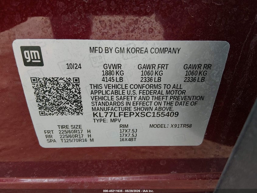 2025 Chevrolet Trax VIN KL77LFEPXSC155409 IAAI salvage auction — RIGHT SIDE, Salvage Title, sold $4,700 on 2026-07-16 (photo 9)
