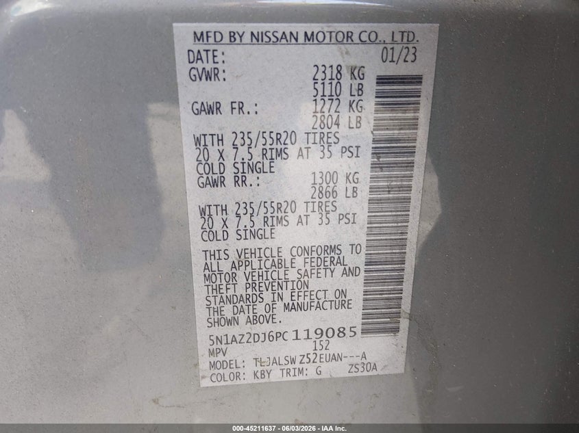 2023 Nissan Murano VIN 5N1AZ2DJ6PC119085 IAAI salvage auction — FRONT END, Salvage (North Carolina), sold $4,050 on 2026-07-22 (photo 9)