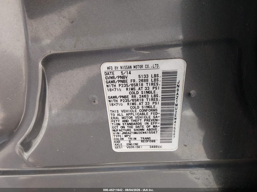 2014 Nissan Murano VIN JN8AZ1MU2EW415567 IAAI salvage auction — LEFT FRONT, Salvage (Mississippi), sold $1,250 on 2026-07-09 (photo 9)