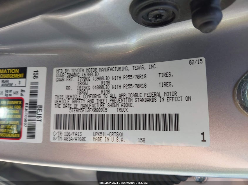 2015 Toyota Tundra VIN 5TFRM5F12FX088915 IAAI salvage auction — TRANSMISSION, Salvage Title, sold $3,800 on 2026-08-01 (photo 9)