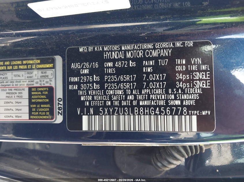 2017 Hyundai Santa fe VIN 5XYZU3LB8HG456778 IAAI salvage auction — LEFT FRONT, Salvage (South Carolina), sold $2,200 on 2026-07-18 (photo 9)