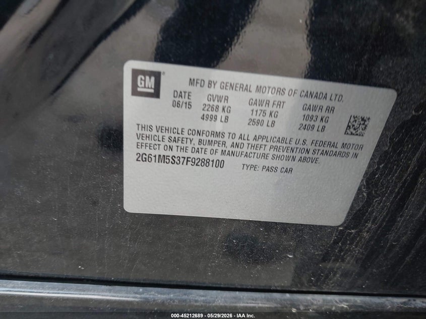2015 Cadillac Xts VIN 2G61M5S37F9288100 IAAI salvage auction — RIGHT SIDE, Salvage Title, sold $1,300 on 2026-07-22 (photo 9)