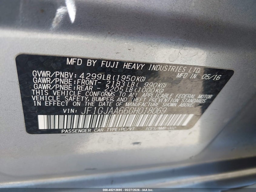 2016 Subaru Impreza VIN JF1GJAA66GH018069 IAAI salvage auction — RIGHT REAR, Salvage Title, sold $800 on 2026-07-15 (photo 9)