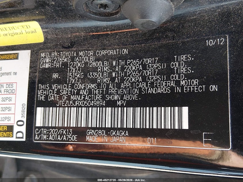 2013 Toyota 4runner VIN JTEZU5JRXD5049894 IAAI salvage auction — FRONT END, Original (Texas), sold $5,000 on 2026-07-08 (photo 9)