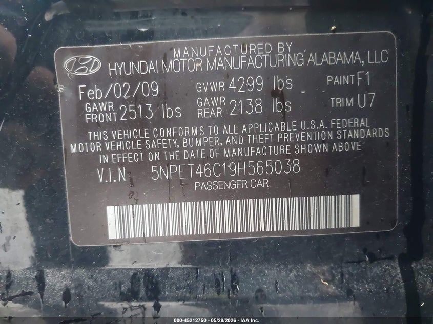 2009 Hyundai Sonata VIN 5NPET46C19H565038 IAAI salvage auction — HAIL, Clear (Missouri), sold $550 on 2026-07-13 (photo 7)
