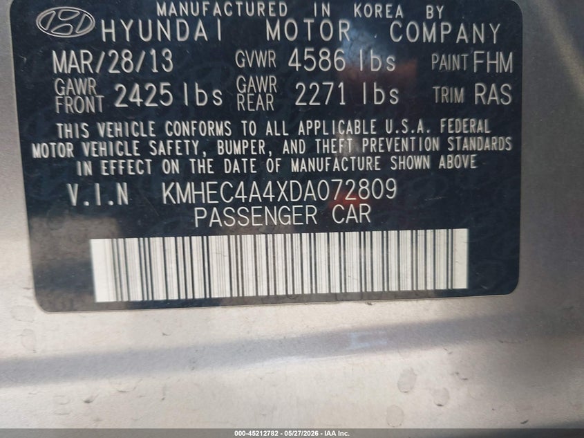2013 Hyundai Sonata VIN KMHEC4A4XDA072809 IAAI salvage auction — LEFT FRONT, Salvage Title, sold $875 on 2026-07-06 (photo 9)