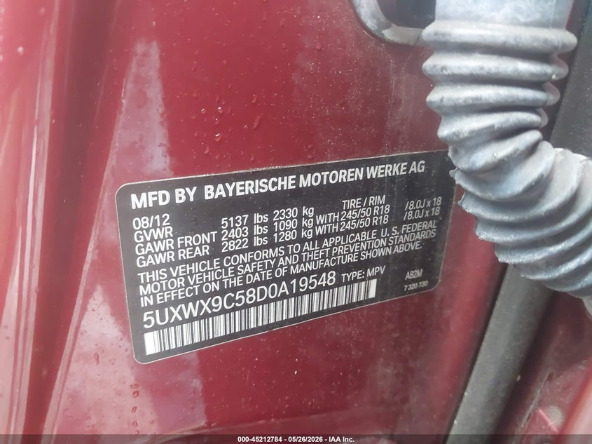 2013 BMW X3 VIN 5UXWX9C58D0A19548 IAAI salvage auction — NORMAL WEAR, Clear (Maryland), sold $1,300 on 2026-07-29 (photo 9)