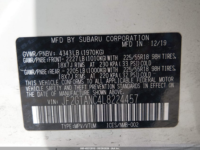 2020 Subaru Xv VIN JF2GTANC4L8224457 IAAI salvage auction — REAR END, Original (Texas), sold $7,600 on 2026-07-07 (photo 9)