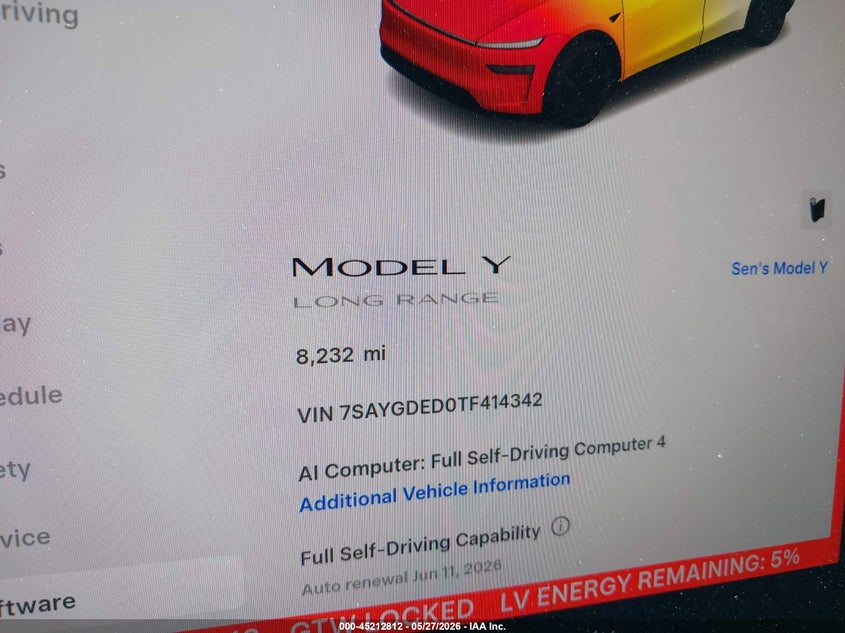 2026 Tesla Model y VIN 7SAYGDED0TF414342 IAAI salvage auction — LEFT FRONT, Salvage Title, sold $16,900 on 2026-07-15 (photo 7)