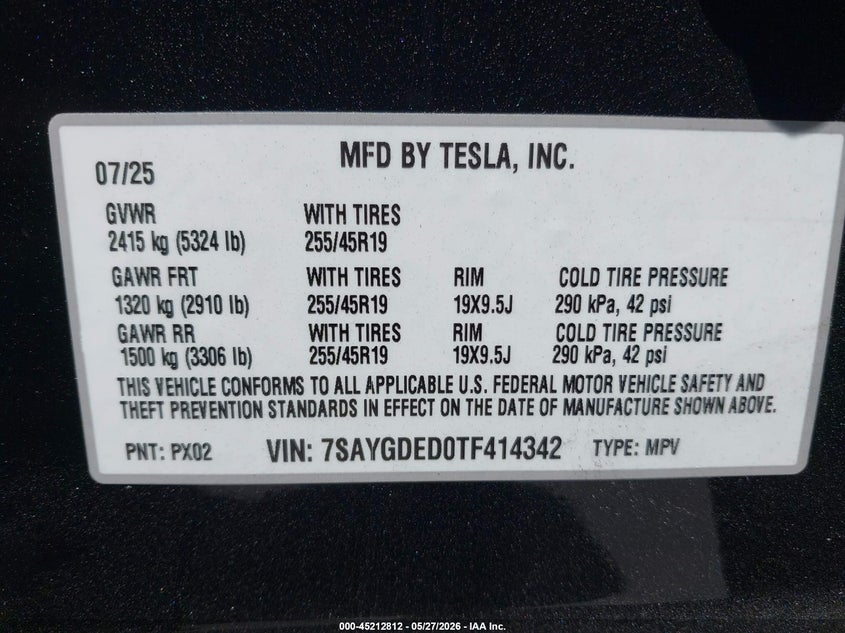 2026 Tesla Model y VIN 7SAYGDED0TF414342 IAAI salvage auction — LEFT FRONT, Salvage Title, sold $16,900 on 2026-07-15 (photo 9)