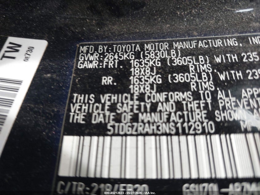 2022 Toyota Highlander VIN 5TDGZRAH3NS112910 IAAI salvage auction — FRONT & REAR, Salvage Title, sold $2,850 on 2026-07-16 (photo 9)