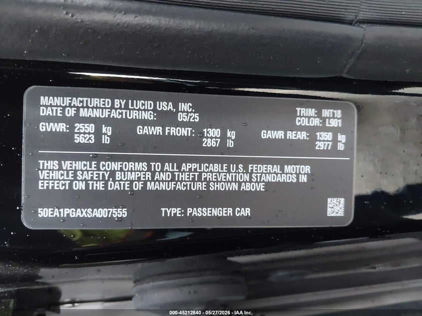2025 Lucid Air VIN 50EA1PGAXSA007555 IAAI salvage auction — FRONT END, Salvage Title, sold $10,600 on 2026-07-20 (photo 9)
