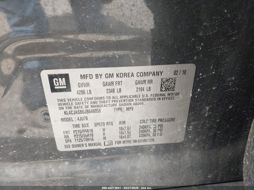 2018 Buick Encore VIN KL4CJASB6JB646058 IAAI salvage auction — RIGHT REAR, Salvage (Texas), sold $1,300 on 2026-07-07 (photo 9)