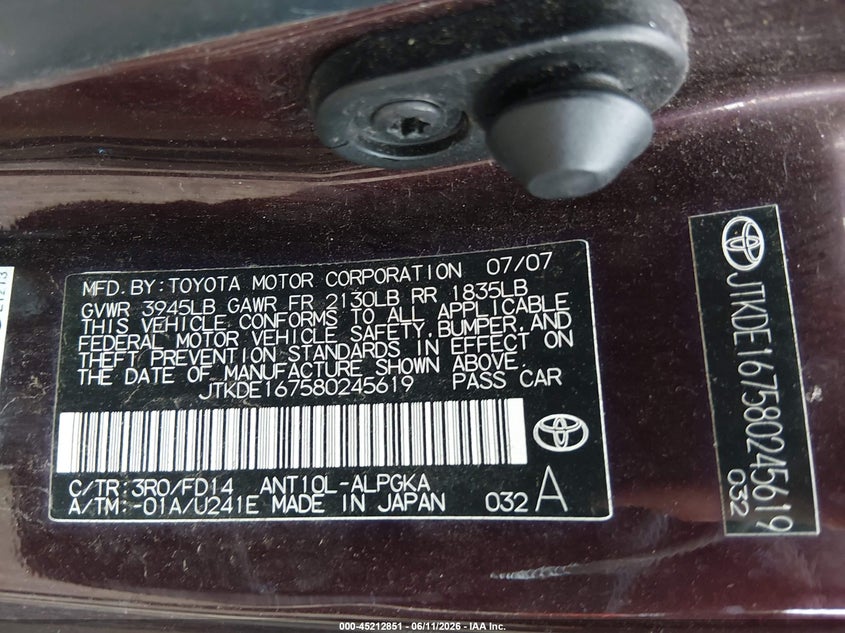 2008 Scion Tc VIN JTKDE167580245619 IAAI salvage auction — FRONT & REAR, Certificate Of Title (Nebraska), sold $550 on 2026-07-16 (photo 9)