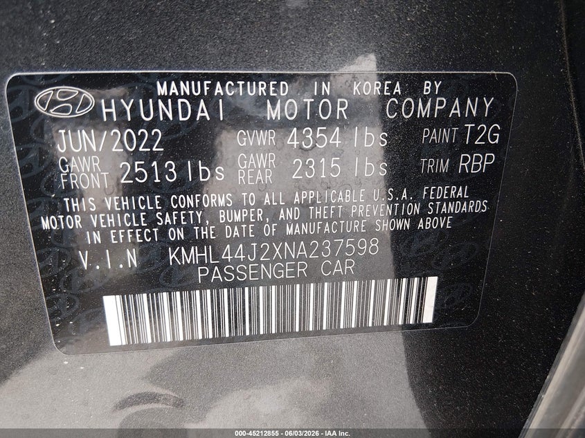 2022 Hyundai Sonata VIN KMHL44J2XNA237598 IAAI salvage auction — FRONT END, Salvage (Texas), sold $1,600 on 2026-07-28 (photo 9)