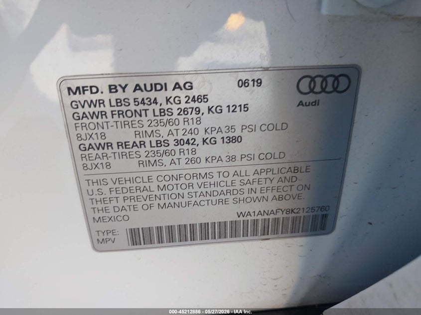 2019 Audi Q5 VIN WA1ANAFY8K2125760 IAAI salvage auction — RIGHT FRONT, Salvage Title, sold $4,550 on 2026-07-13 (photo 9)