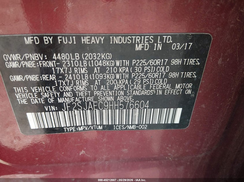 2017 Subaru Forester VIN JF2SJAEC9HH576604 IAAI salvage auction — HAIL, Salvage Title, sold $875 on 2026-07-10 (photo 9)