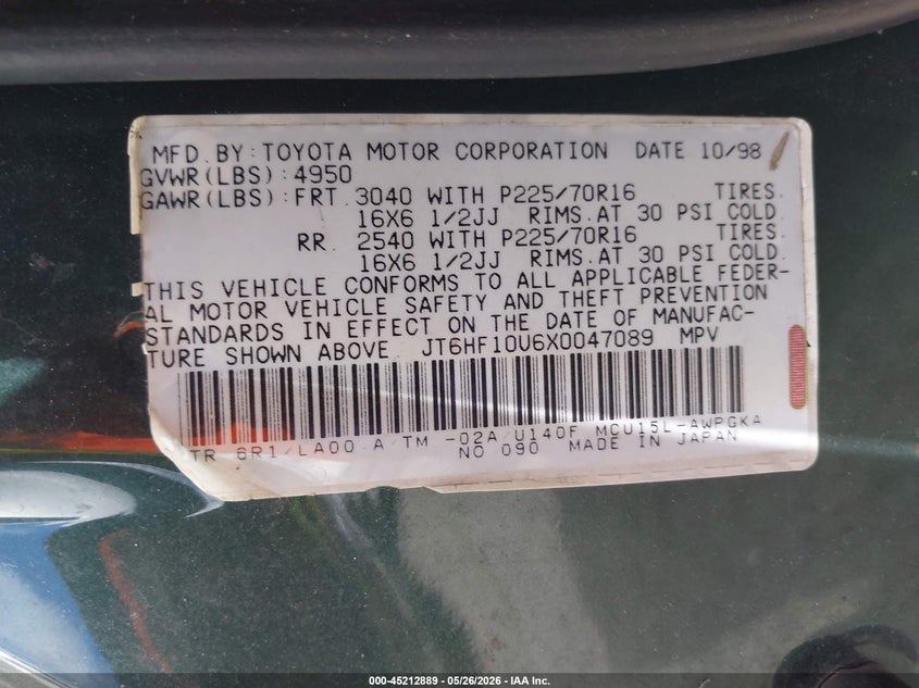 1999 Lexus Rx 300 VIN JT6HF10U6X0047089 IAAI salvage auction — NORMAL WEAR, Clear (Washington), sold $450 on 2026-07-29 (photo 9)
